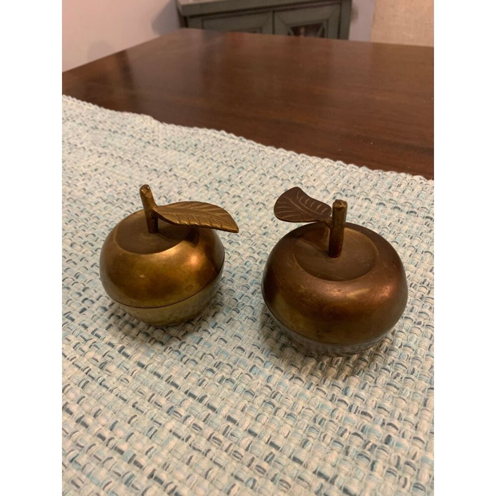 2 Vtg Solid Brass Apple Jewelry Trinket Box Container Keepsake